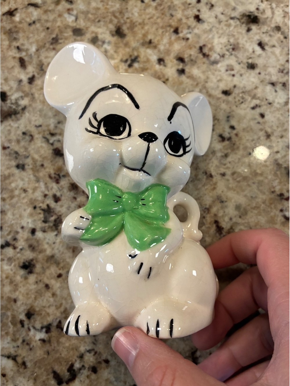 Vintage White Ceramic Mouse Figurine with Green Bow